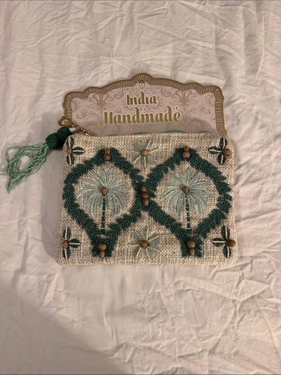 India Handmade Handbags - India Handmade Embroidered Beaded Pouch in Teal and Cream
